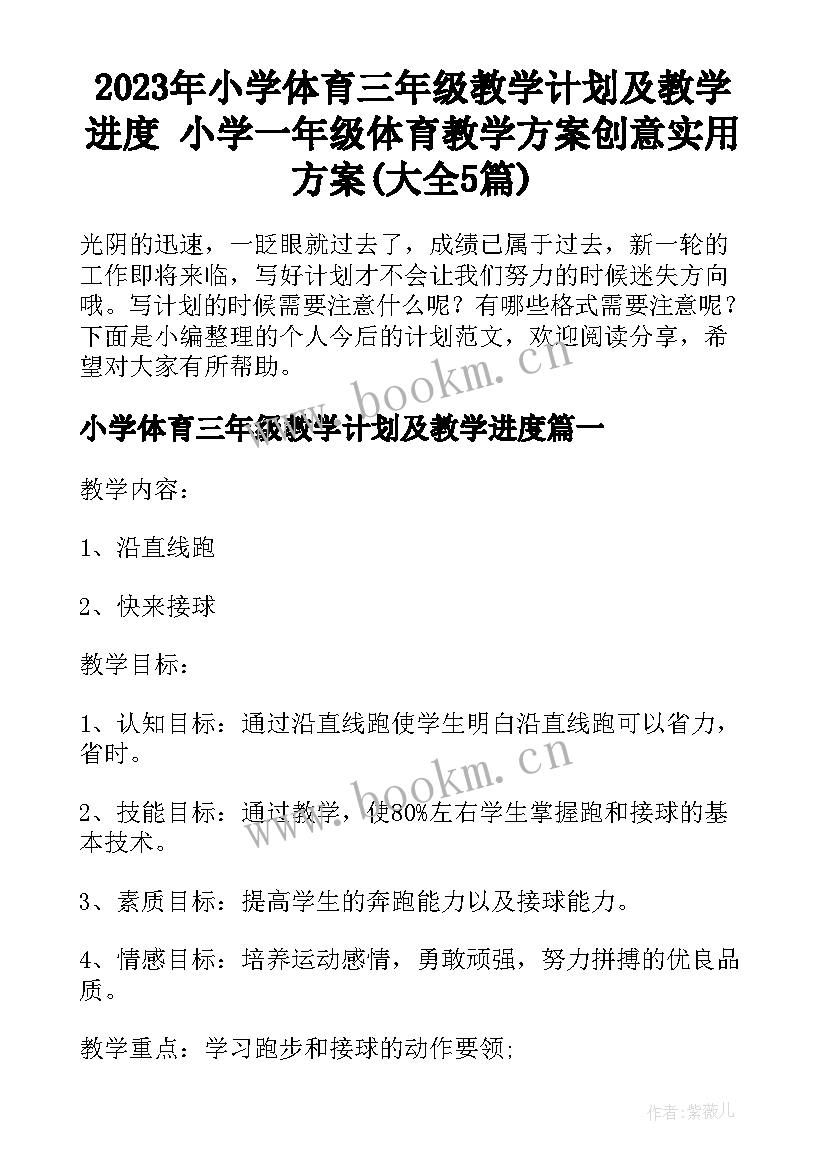 2023年小学体育三年级教学计划及教学进度 小学一年级体育教学方案创意实用方案(大全5篇)