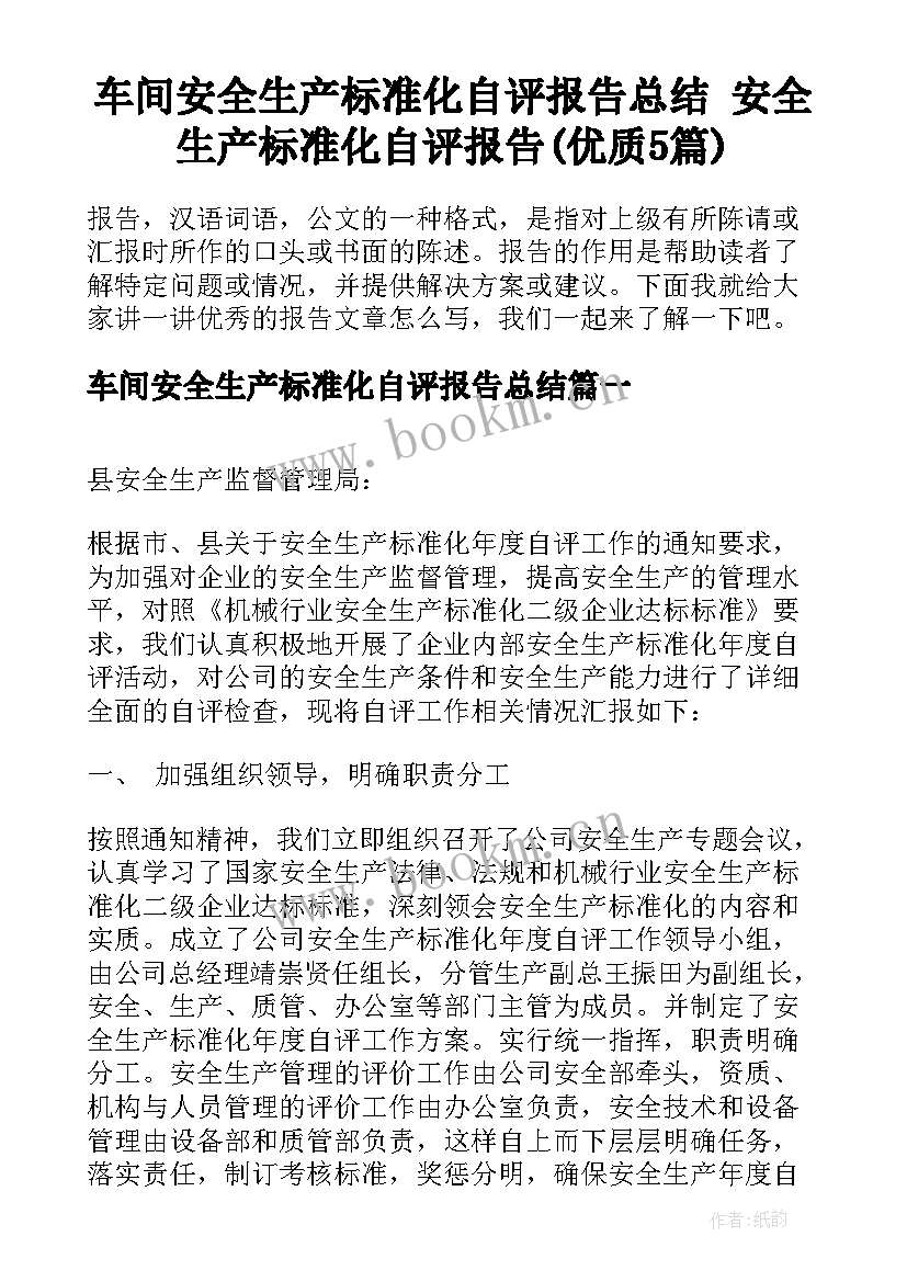 车间安全生产标准化自评报告总结 安全生产标准化自评报告(优质5篇)