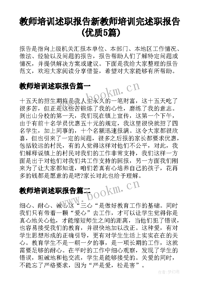 教师培训述职报告 新教师培训完述职报告(优质5篇)