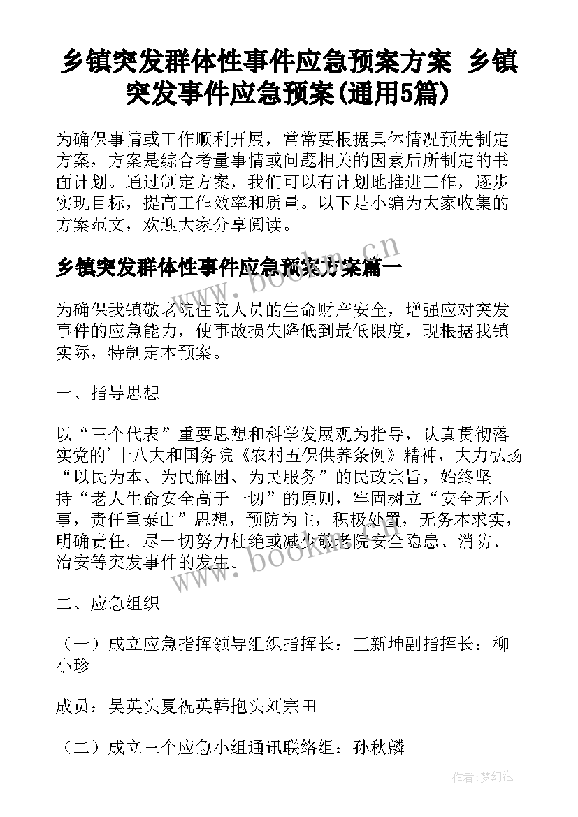 乡镇突发群体性事件应急预案方案 乡镇突发事件应急预案(通用5篇)