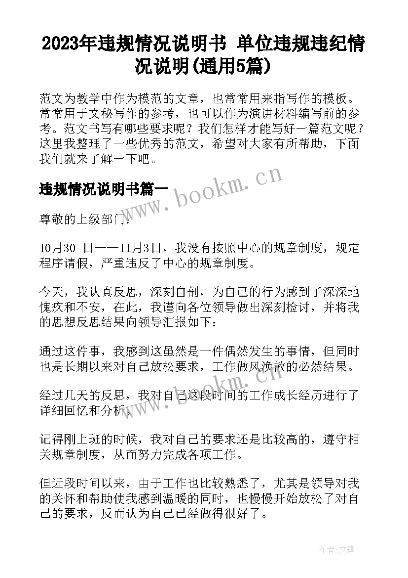 2023年违规情况说明书 单位违规违纪情况说明(通用5篇)