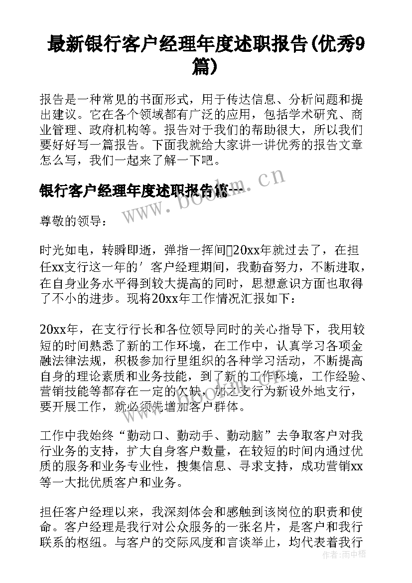 最新银行客户经理年度述职报告(优秀9篇)