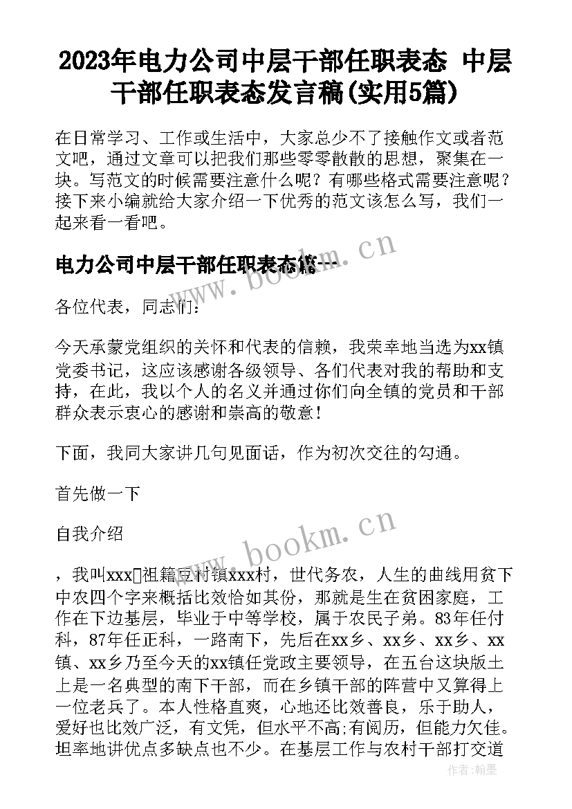 2023年电力公司中层干部任职表态 中层干部任职表态发言稿(实用5篇)