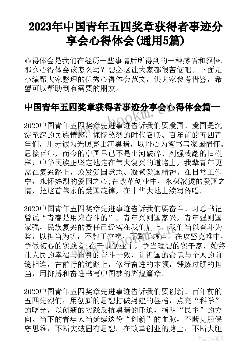 2023年中国青年五四奖章获得者事迹分享会心得体会(通用5篇)