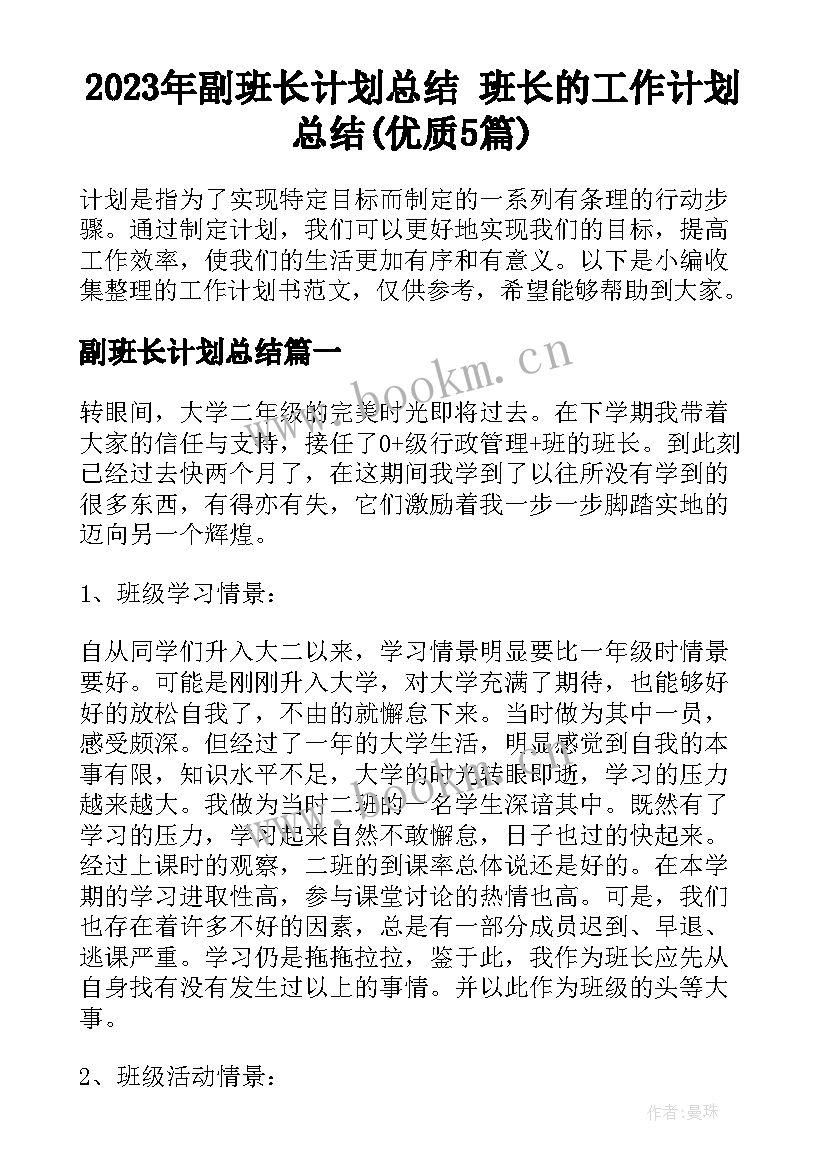 2023年副班长计划总结 班长的工作计划总结(优质5篇)