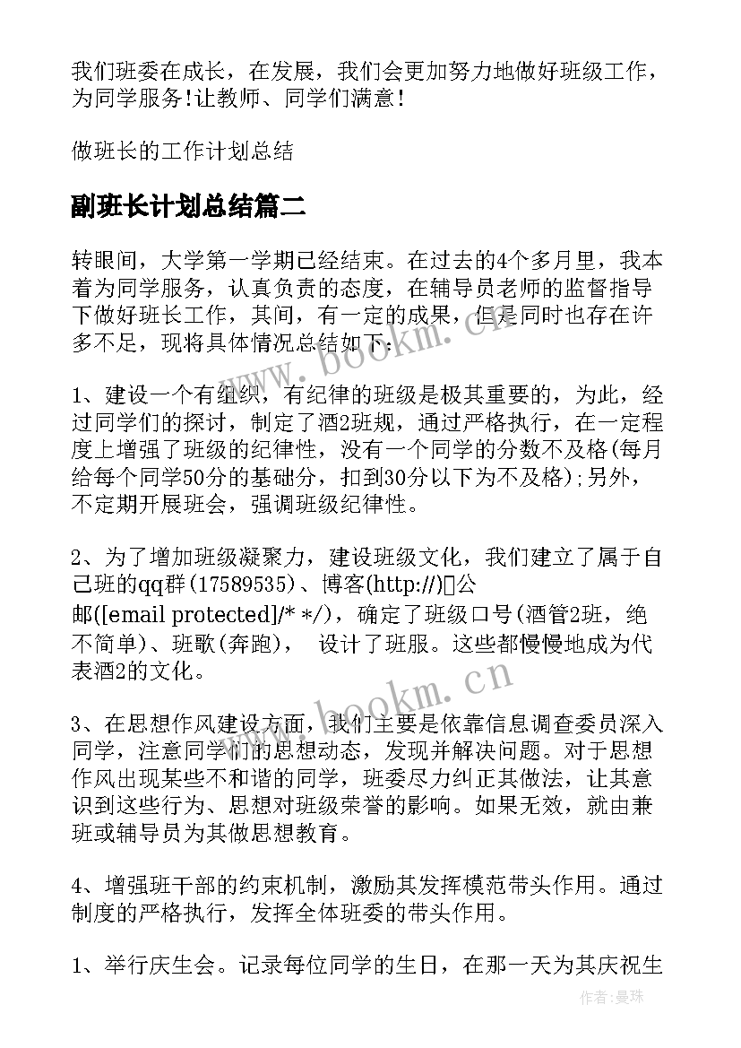 2023年副班长计划总结 班长的工作计划总结(优质5篇)