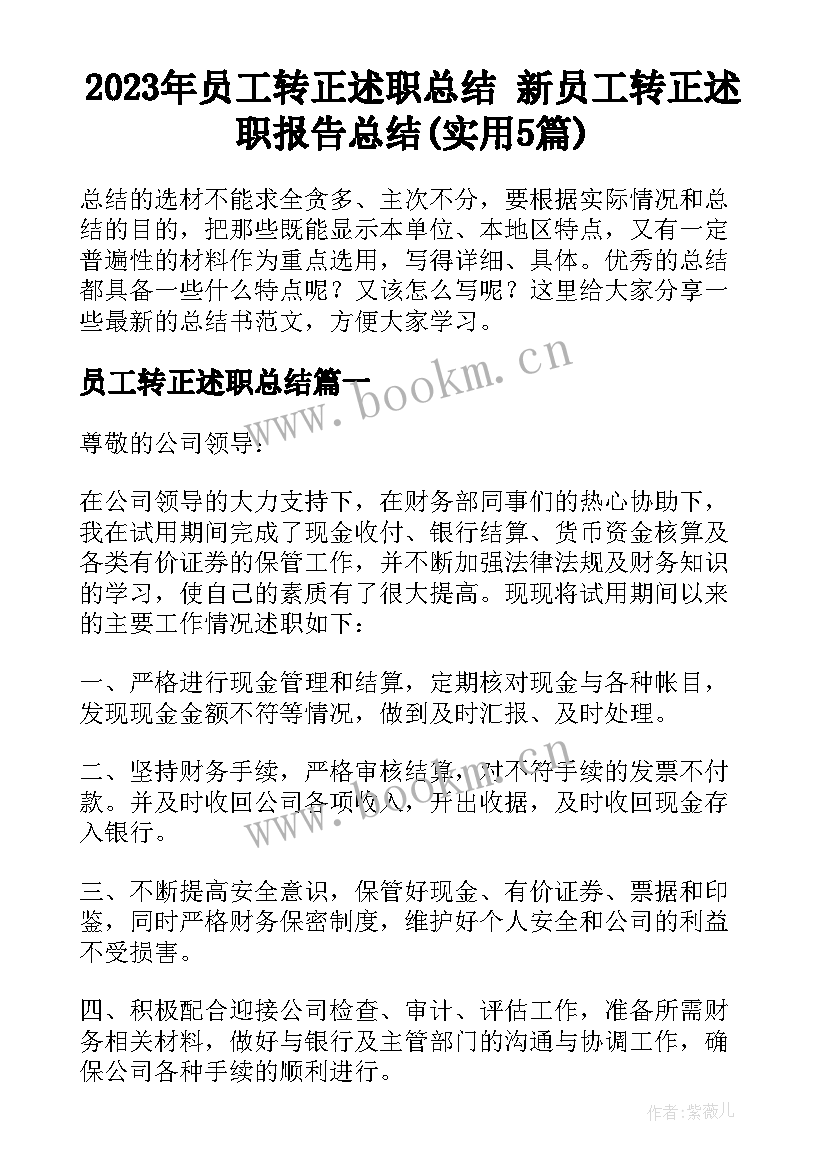 2023年员工转正述职总结 新员工转正述职报告总结(实用5篇)