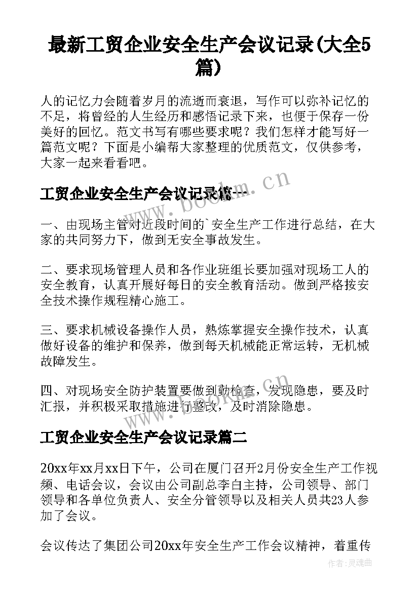 最新工贸企业安全生产会议记录(大全5篇)