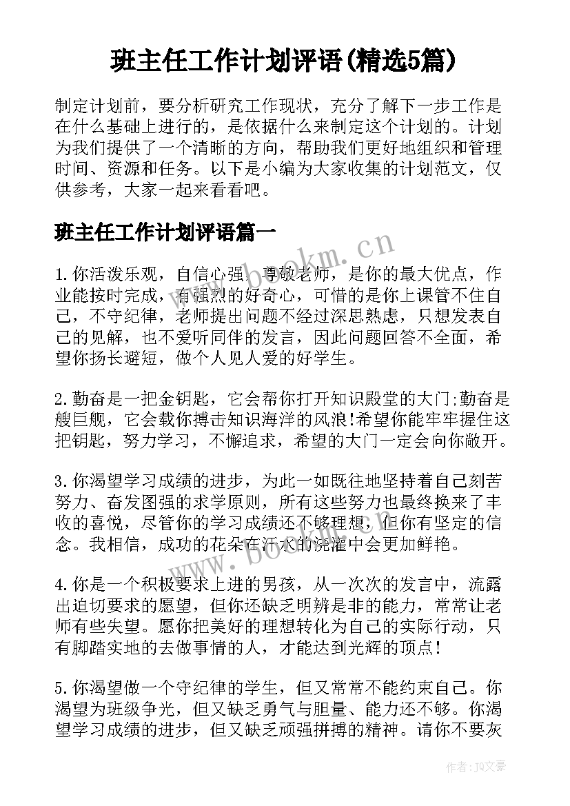 班主任工作计划评语(精选5篇)