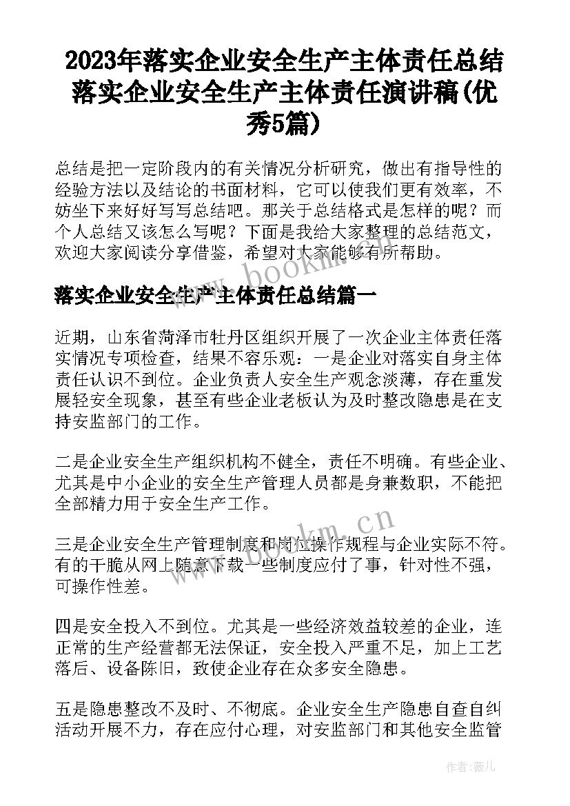 2023年落实企业安全生产主体责任总结 落实企业安全生产主体责任演讲稿(优秀5篇)