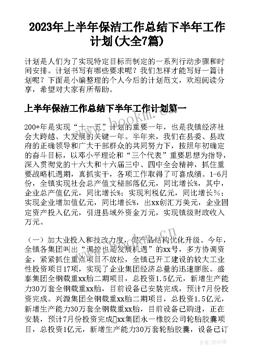 2023年上半年保洁工作总结下半年工作计划(大全7篇)