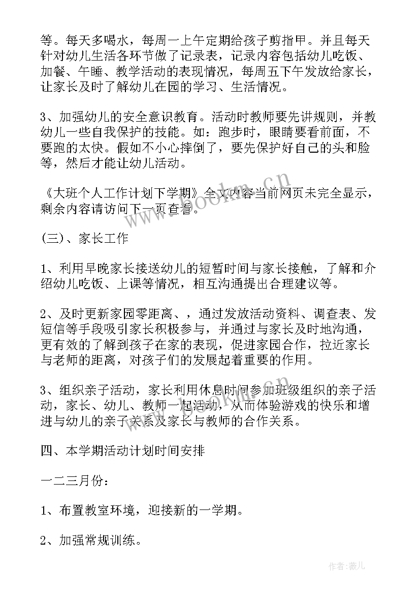 大班个人学期工作计划下学期 大班个人工作计划下学期(模板9篇)