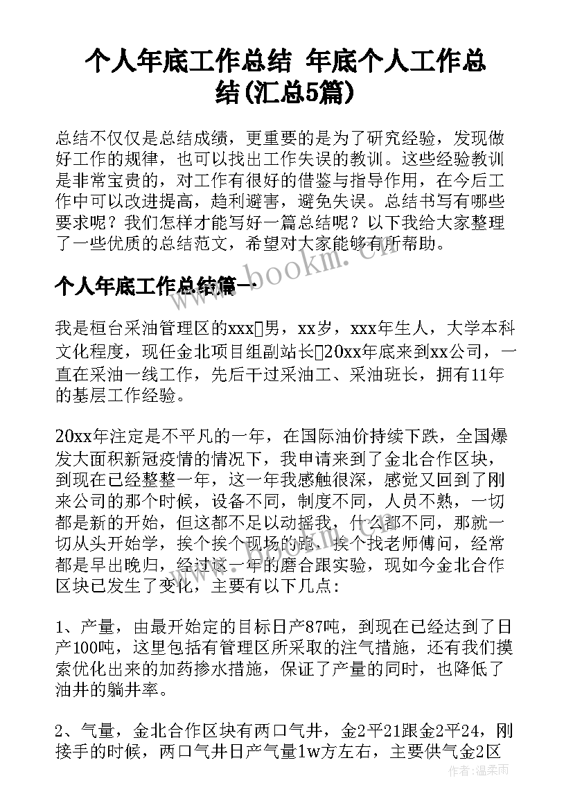 个人年底工作总结 年底个人工作总结(汇总5篇)