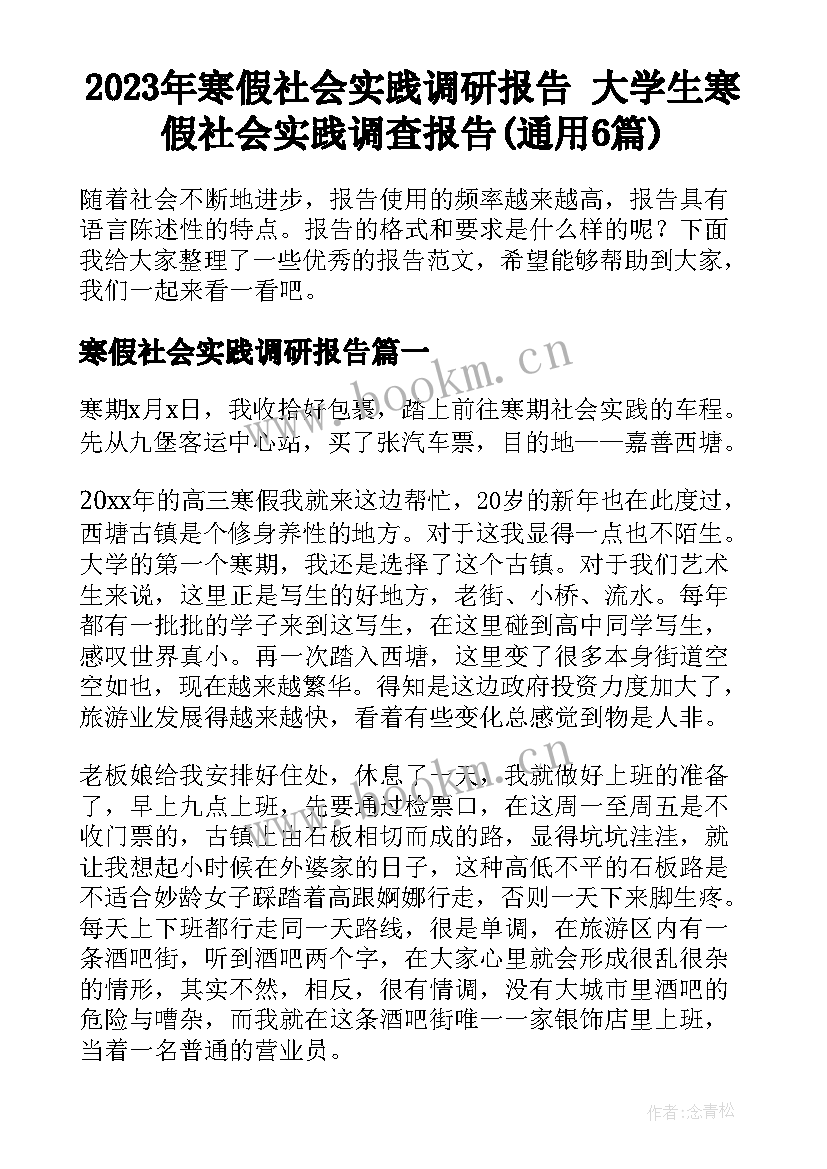 2023年寒假社会实践调研报告 大学生寒假社会实践调查报告(通用6篇)