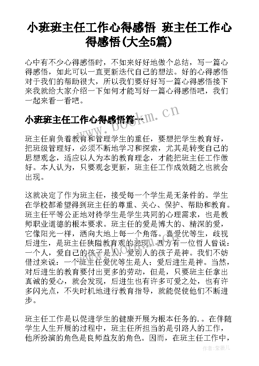 小班班主任工作心得感悟 班主任工作心得感悟(大全5篇)