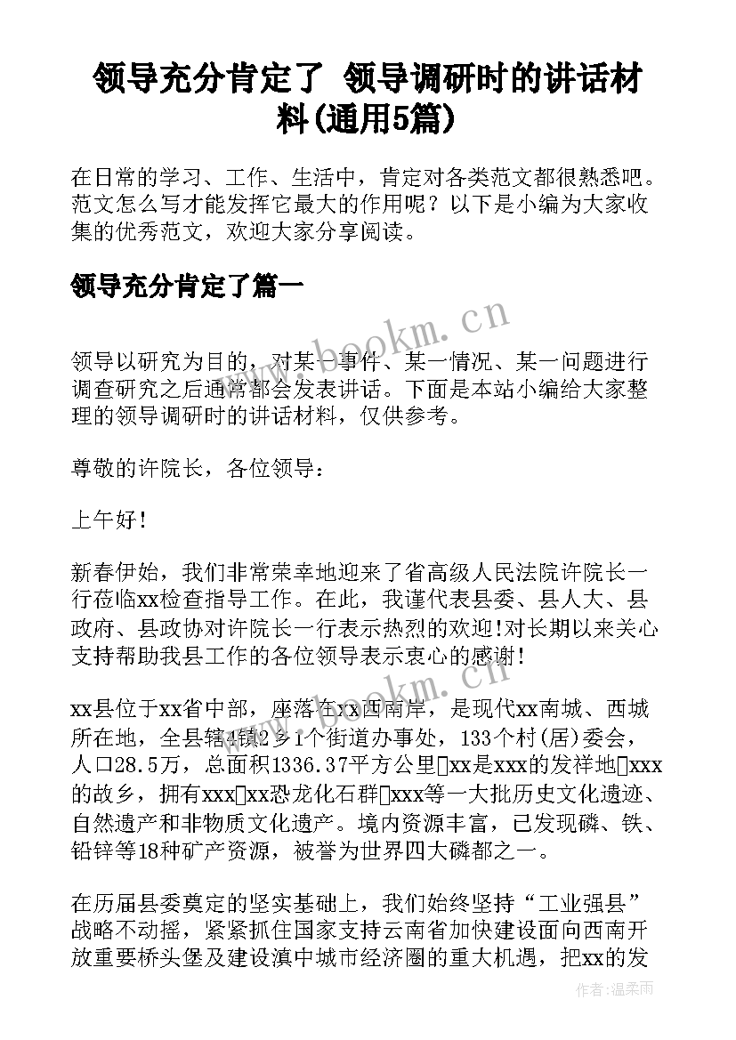 领导充分肯定了 领导调研时的讲话材料(通用5篇)