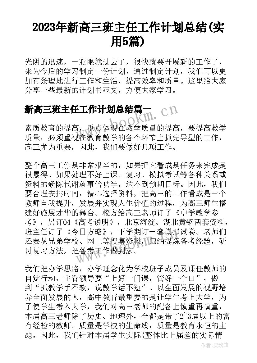 2023年新高三班主任工作计划总结(实用5篇)