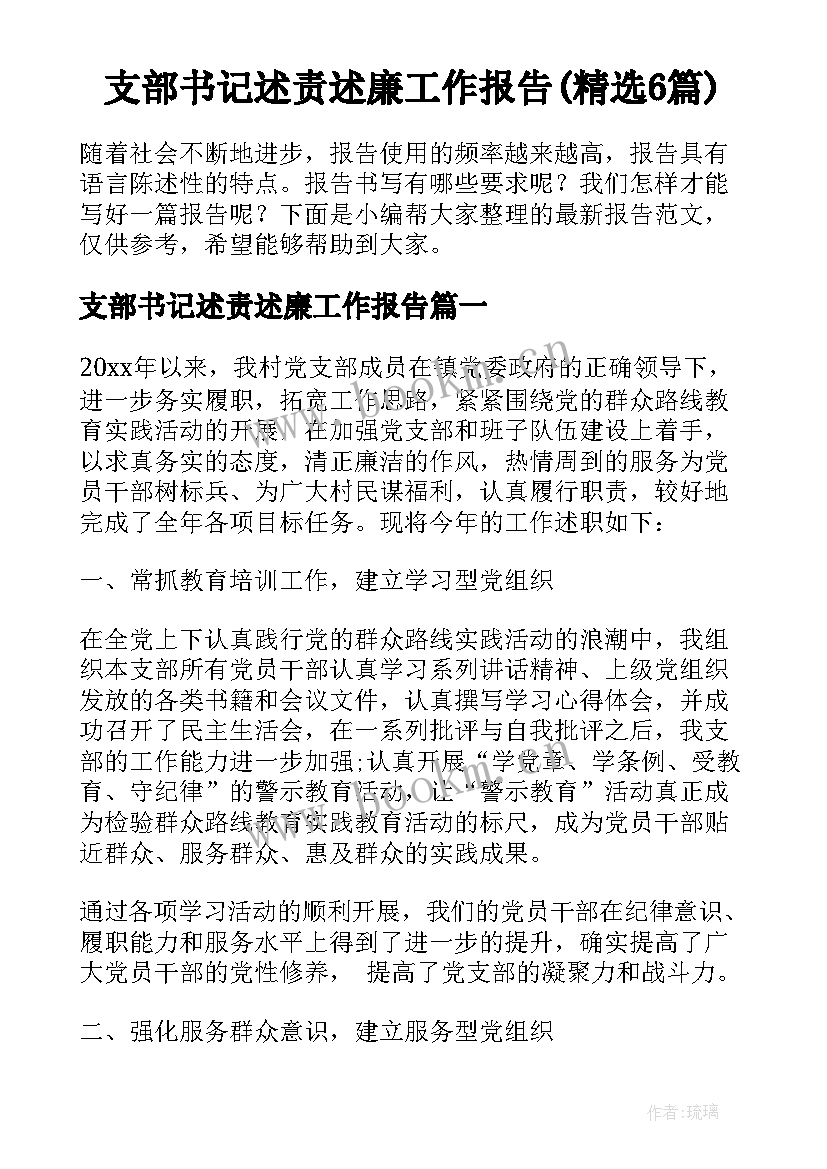 支部书记述责述廉工作报告(精选6篇)