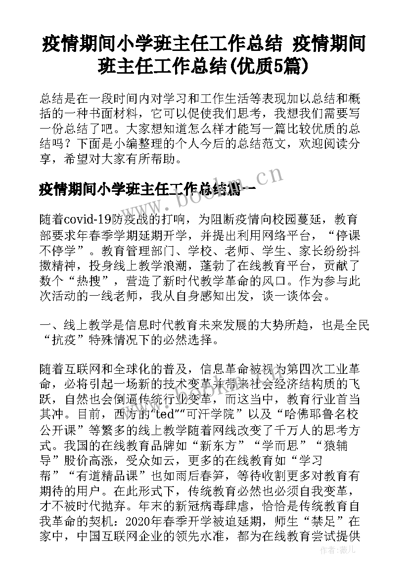 疫情期间小学班主任工作总结 疫情期间班主任工作总结(优质5篇)