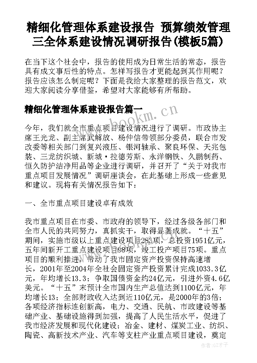 精细化管理体系建设报告 预算绩效管理三全体系建设情况调研报告(模板5篇)