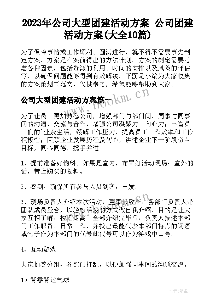 2023年公司大型团建活动方案 公司团建活动方案(大全10篇)