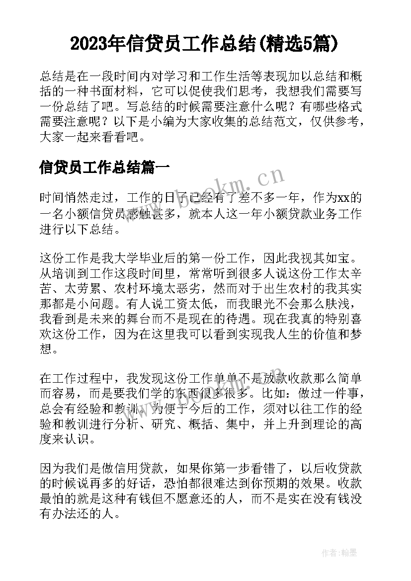 2023年信贷员工作总结(精选5篇)