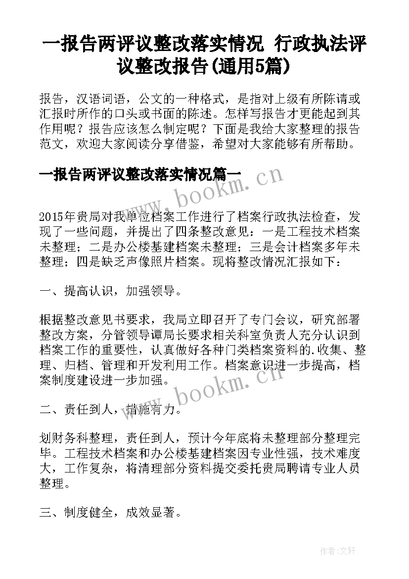 一报告两评议整改落实情况 行政执法评议整改报告(通用5篇)