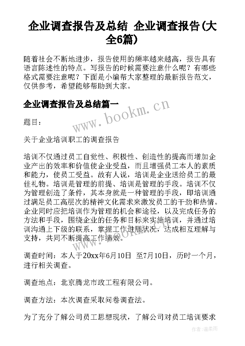 企业调查报告及总结 企业调查报告(大全6篇)