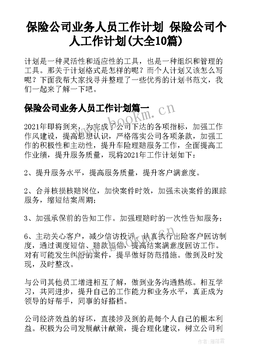 保险公司业务人员工作计划 保险公司个人工作计划(大全10篇)