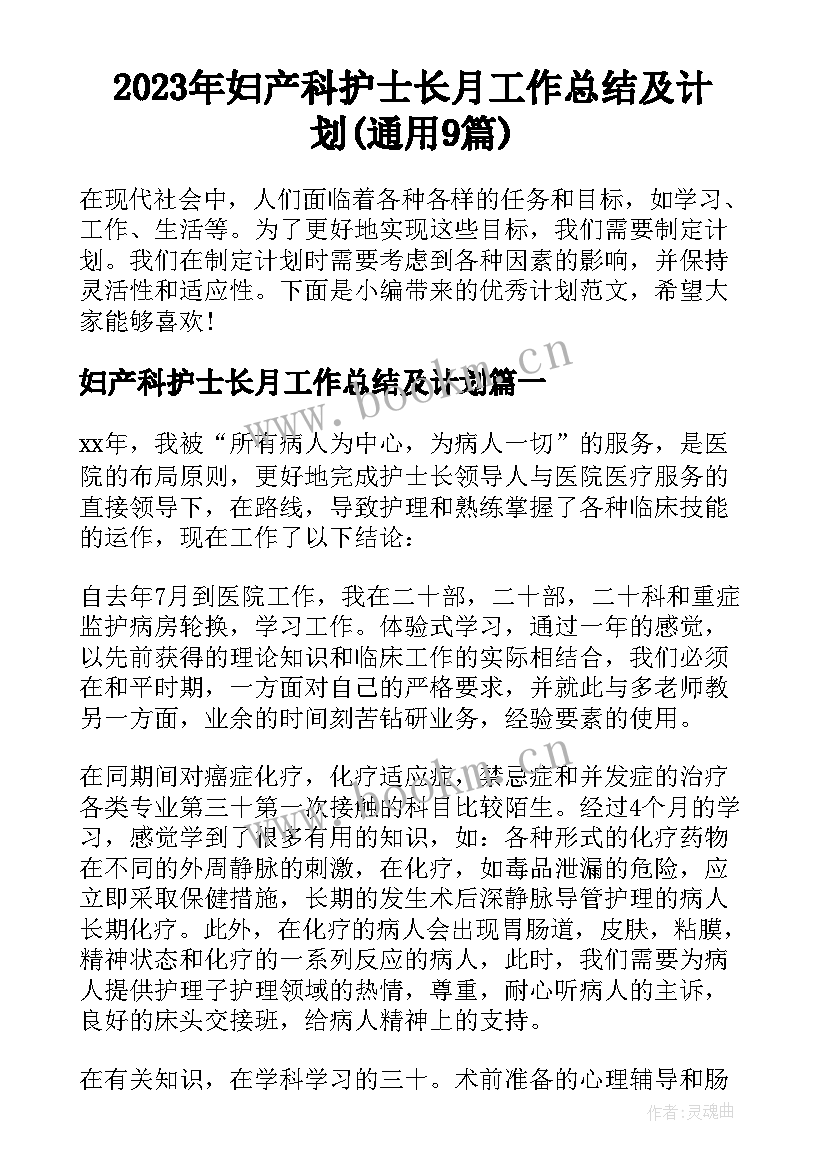 2023年妇产科护士长月工作总结及计划(通用9篇)