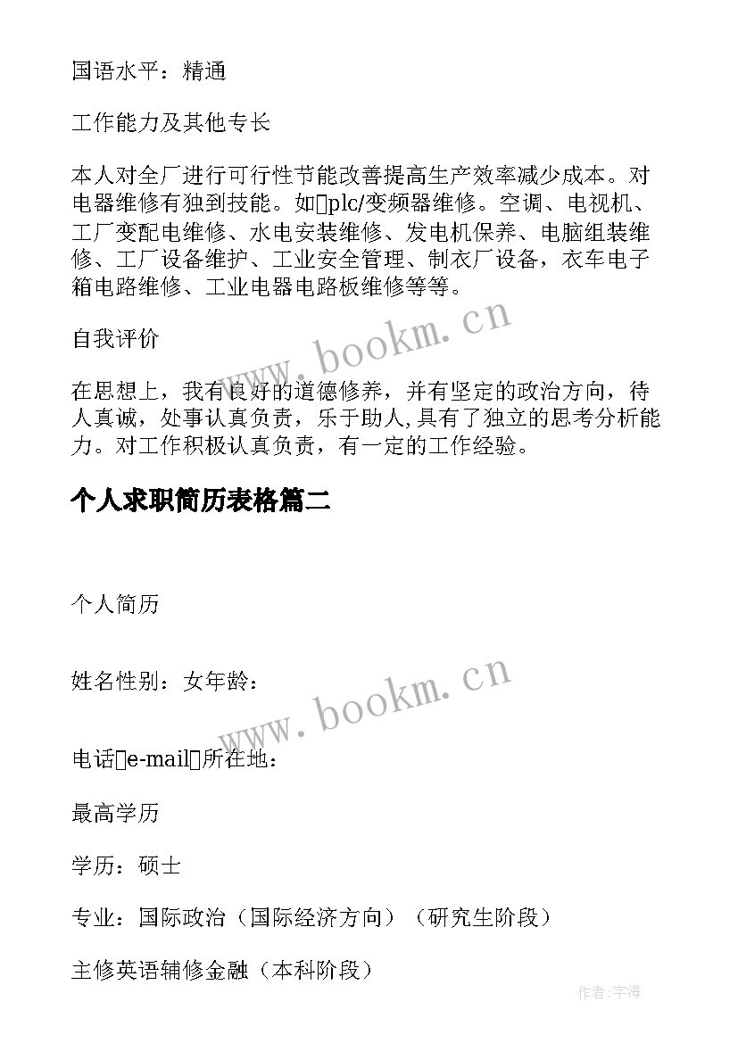 2023年个人求职简历表格(精选7篇)