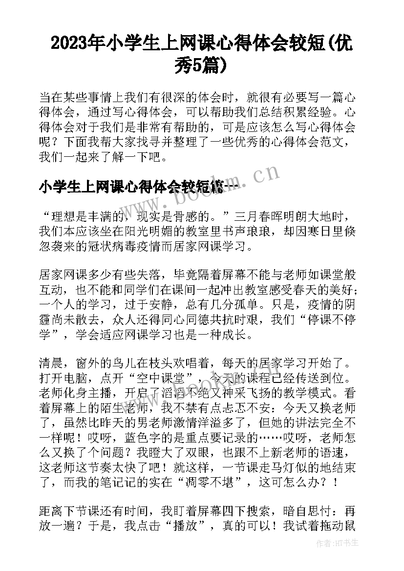 2023年小学生上网课心得体会较短(优秀5篇)