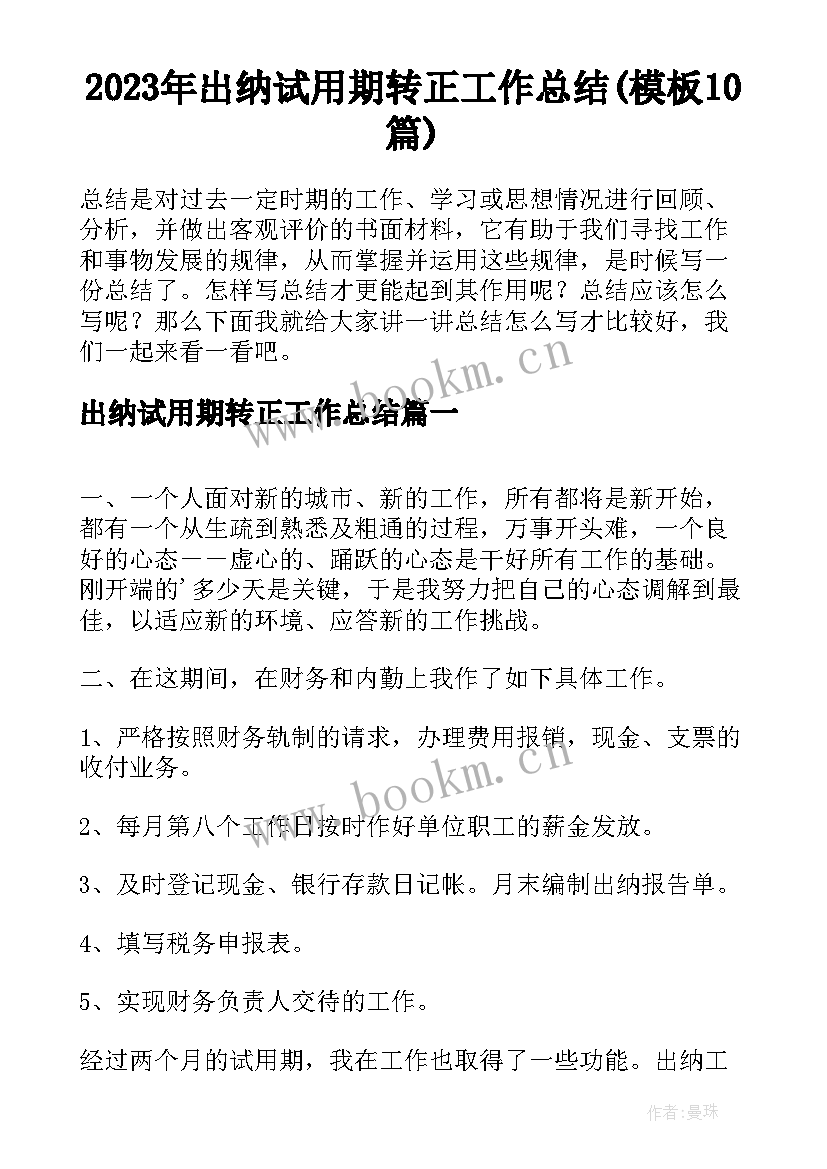 2023年出纳试用期转正工作总结(模板10篇)