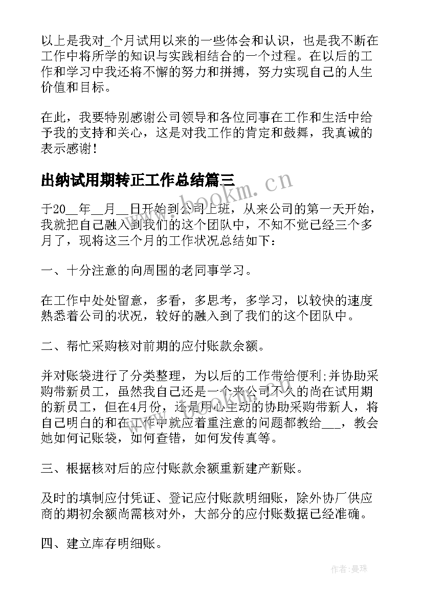 2023年出纳试用期转正工作总结(模板10篇)