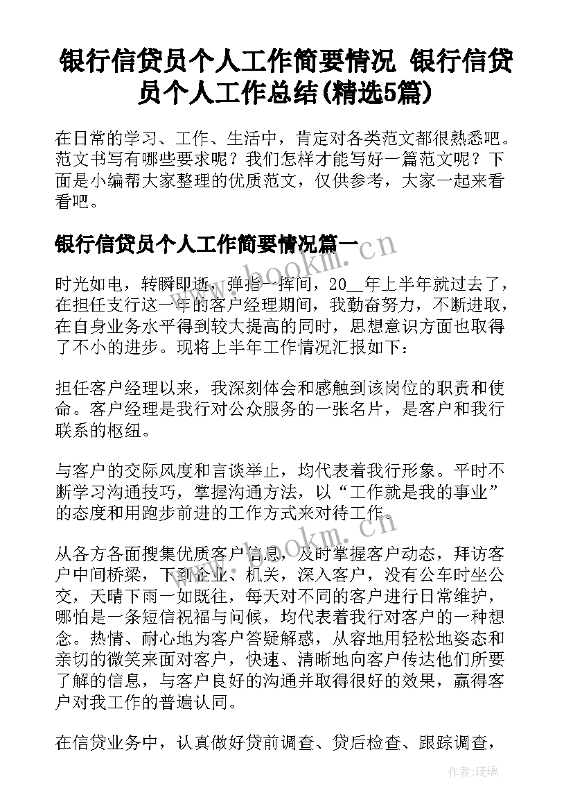 银行信贷员个人工作简要情况 银行信贷员个人工作总结(精选5篇)