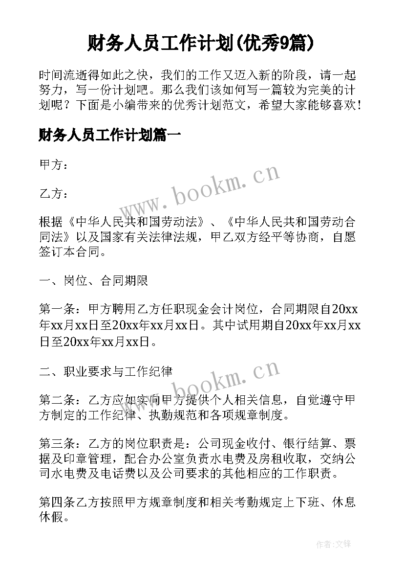 财务人员工作计划(优秀9篇)