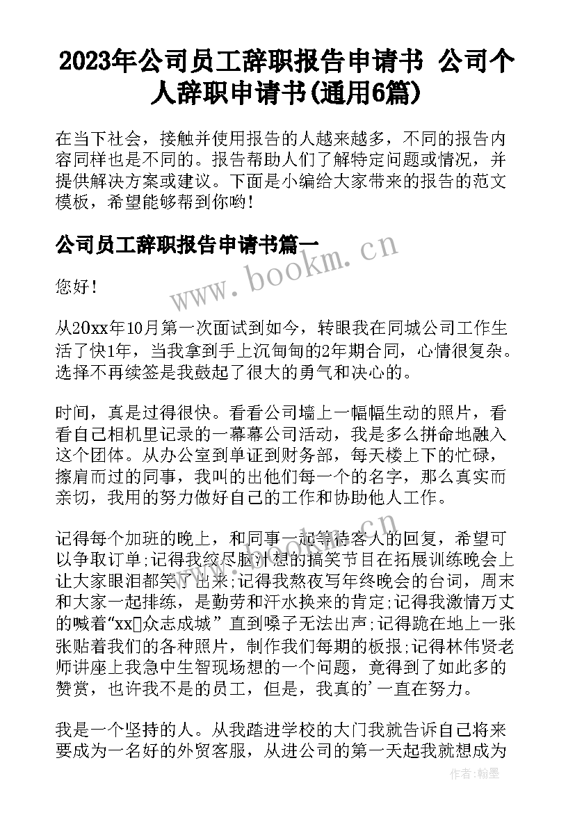 2023年公司员工辞职报告申请书 公司个人辞职申请书(通用6篇)