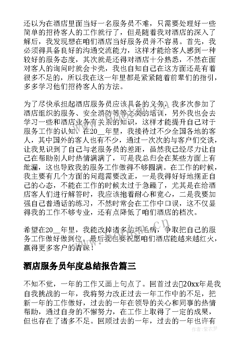 2023年酒店服务员年度总结报告(优秀9篇)