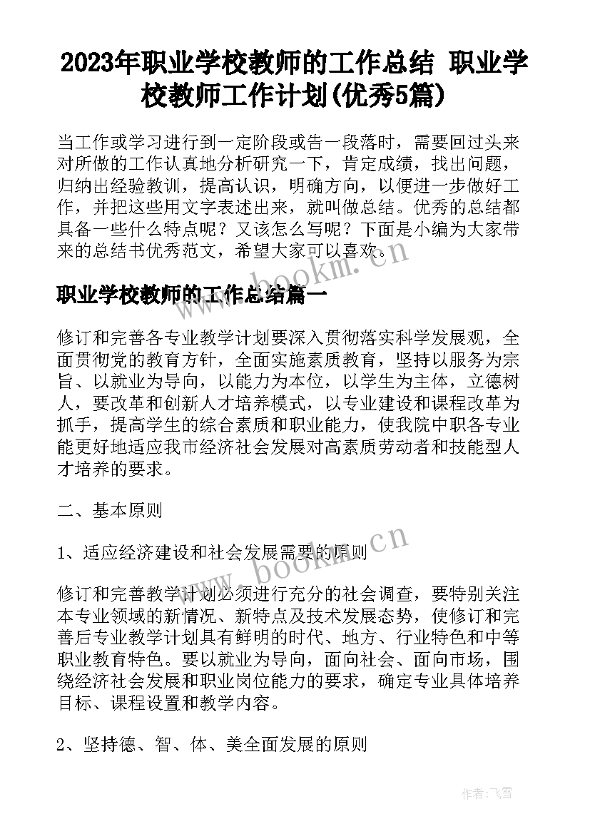 2023年职业学校教师的工作总结 职业学校教师工作计划(优秀5篇)