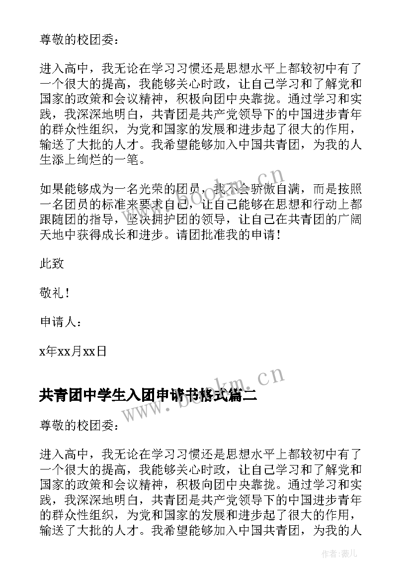 共青团中学生入团申请书格式(大全5篇)