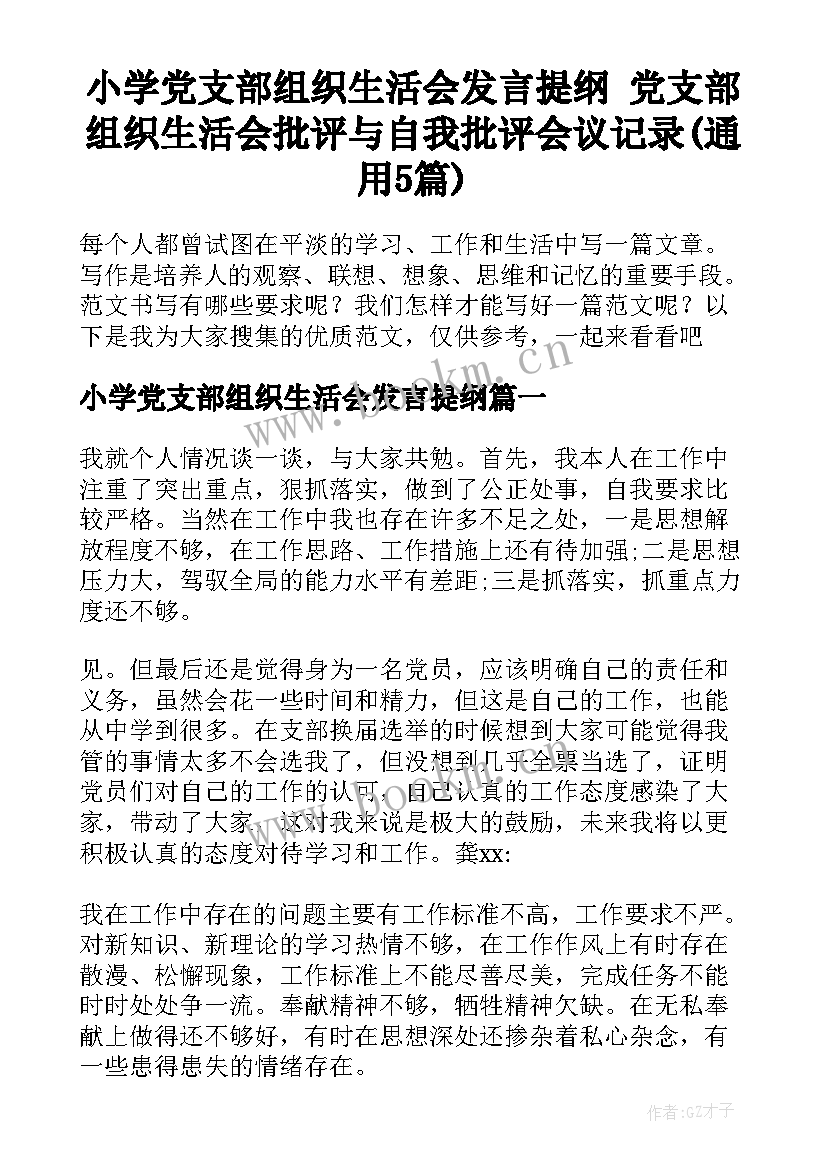 小学党支部组织生活会发言提纲 党支部组织生活会批评与自我批评会议记录(通用5篇)