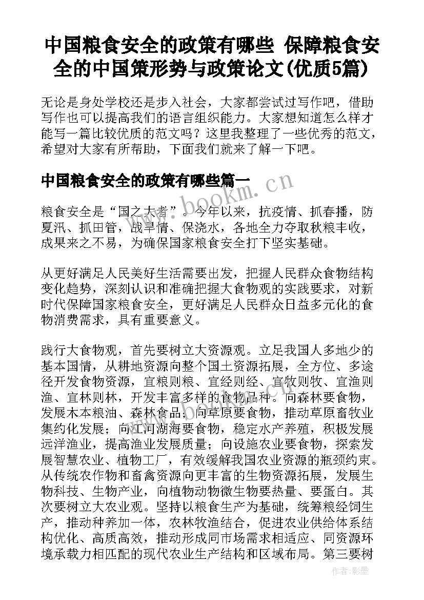 中国粮食安全的政策有哪些 保障粮食安全的中国策形势与政策论文(优质5篇)