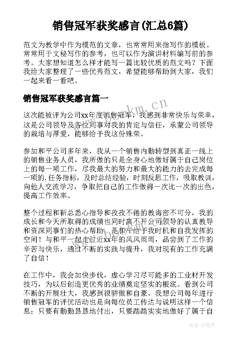 销售冠军获奖感言(汇总6篇)