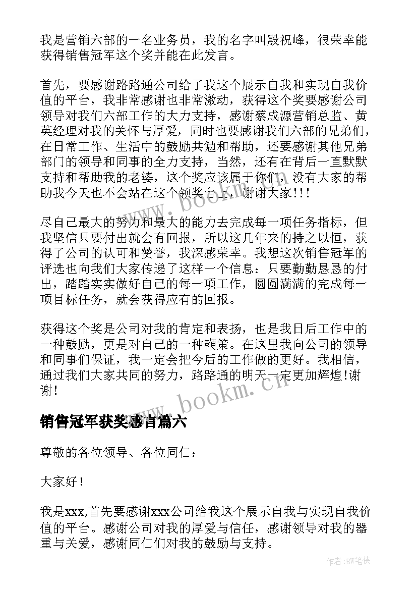 销售冠军获奖感言(汇总6篇)