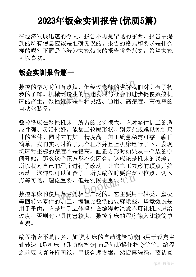 2023年钣金实训报告(优质5篇)