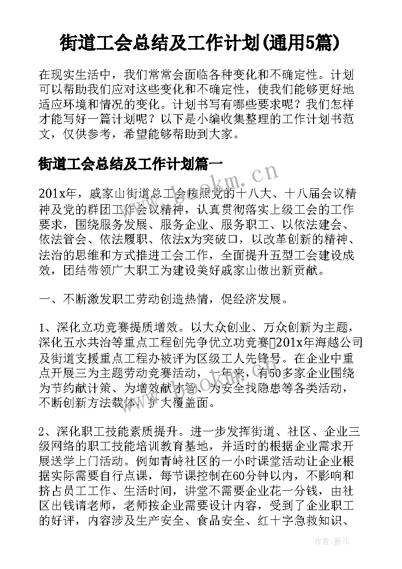 街道工会总结及工作计划(通用5篇)