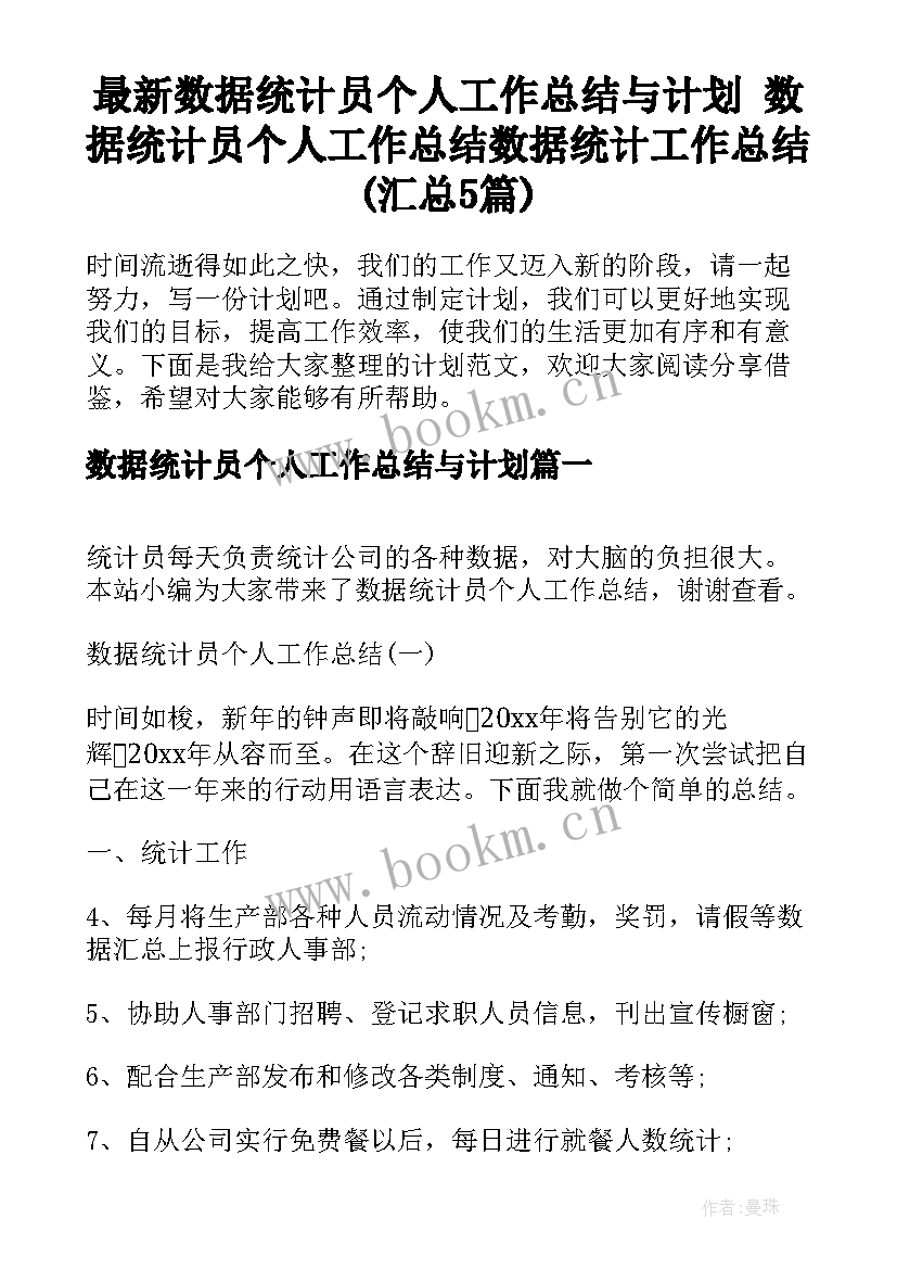 最新数据统计员个人工作总结与计划 数据统计员个人工作总结数据统计工作总结(汇总5篇)