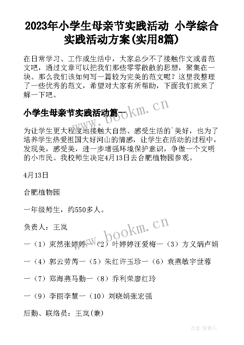 2023年小学生母亲节实践活动 小学综合实践活动方案(实用8篇)