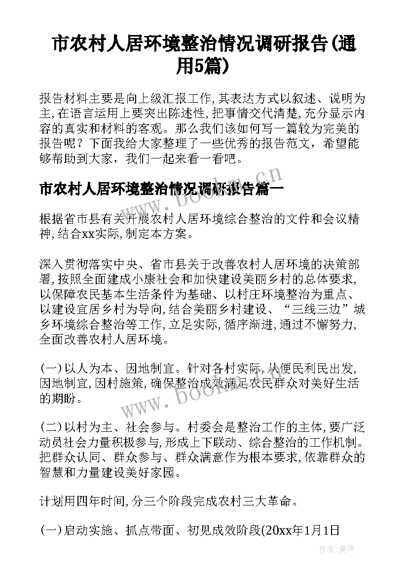 市农村人居环境整治情况调研报告(通用5篇)