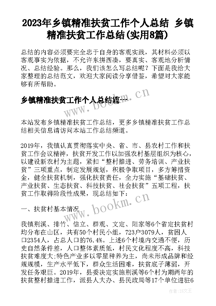 2023年乡镇精准扶贫工作个人总结 乡镇精准扶贫工作总结(实用8篇)